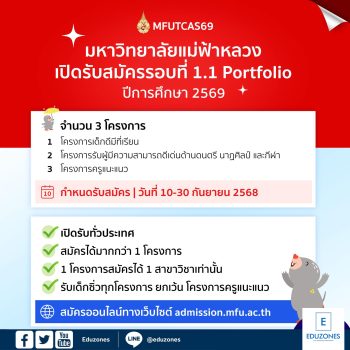 มหาวิทยาลัยแม่ฟ้าหลวง เปิดรับรอบที่ 1.1 Portfolio ปีการศึกษา 2569
