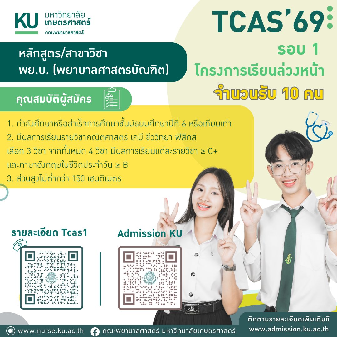 คณะพยาบาลศาสตร์ มหาวิทยาลัยเกษตรศาสตร์เปิดรับสมัครนักศึกษาระดับปริญญาตรี ประจำปีการศึกษา 2569 ผ่านระบบ #TCAS รอบที่ 1 (Portfolio)