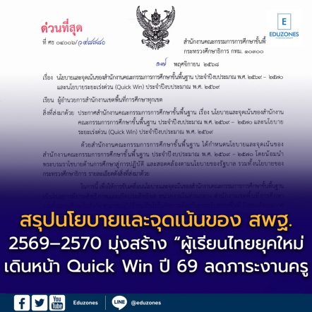สรุปนโยบายและจุดเน้นของ สพฐ. ปีงบประมาณ 2569–2570 และนโยบายระยะเร่งด่วน (Quick Win) ปี 2569