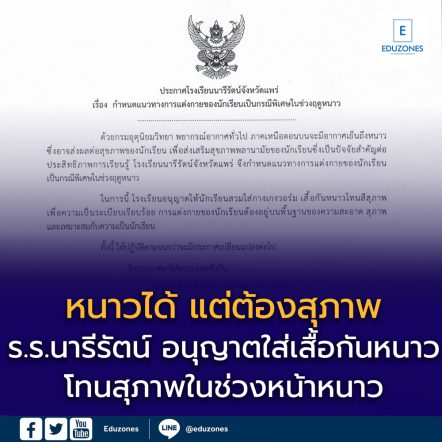📌 ร.ร.นารีรัตน์ จ.แพร่ ออกแนวปฏิบัติการแต่งกายช่วงหน้าหนาว อนุญาตใส่เสื้อกันหนาวโทนสุภาพเพื่อความเป็นระเบียบ