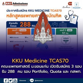 KKU Medicine TCAS70 เปิดรับ 288 คน! คณะแพทยศาสตร์ มหาวิทยาลัยขอนแก่น เปิดรับสมัคร 3 รอบ ทั้ง Portfolio, Quota และ กสพท.