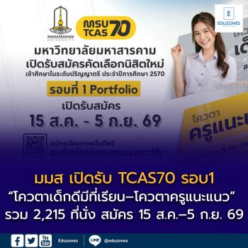 มมส เปิดรับ TCAS70 รอบ Portfolio! “โควตาเด็กดีมีที่เรียน–โควตาครูแนะแนว” รวม 2,215 ที่นั่ง สมัคร 15 ส.ค.–5 ก.ย. 69