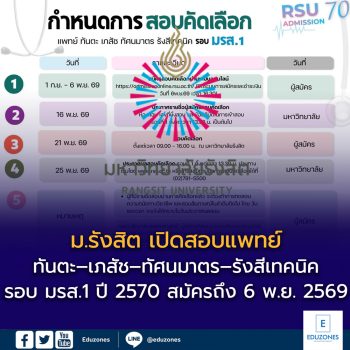 ม.รังสิต เปิดสอบแพทย์–ทันตะ–เภสัช–ทัศนมาตร–รังสีเทคนิค รอบ มรส.1 ปี 2570 สมัครถึง 6 พ.ย. 2569
